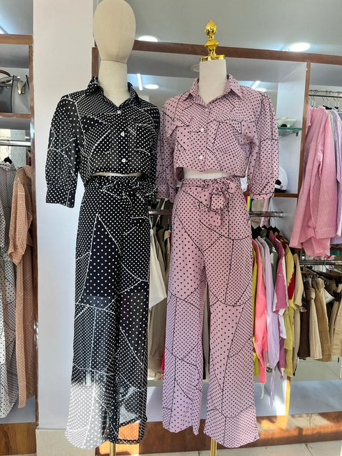 Hi-so Polka Dote Collar Crop Shirt With Fitted Pants